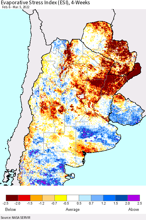 Southern South America Evaporative Stress Index (ESI), 4-Weeks Thematic Map For 2/28/2022 - 3/6/2022