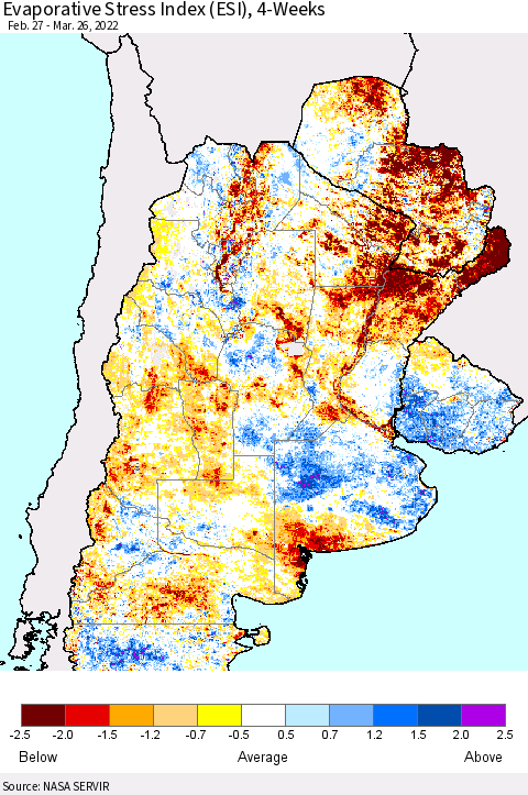 Southern South America Evaporative Stress Index (ESI), 4-Weeks Thematic Map For 3/21/2022 - 3/27/2022