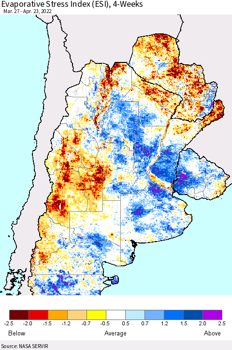 Southern South America Evaporative Stress Index (ESI), 4-Weeks Thematic Map For 4/18/2022 - 4/24/2022