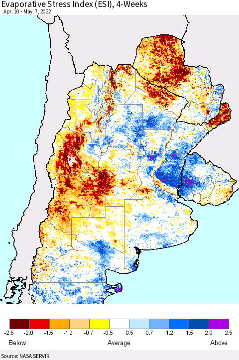 Southern South America Evaporative Stress Index (ESI), 4-Weeks Thematic Map For 5/2/2022 - 5/8/2022