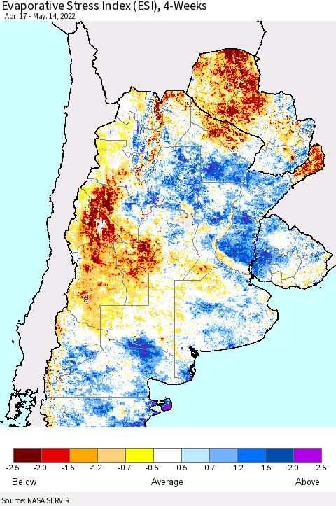 Southern South America Evaporative Stress Index (ESI), 4-Weeks Thematic Map For 5/9/2022 - 5/15/2022