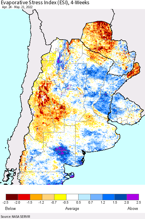 Southern South America Evaporative Stress Index (ESI), 4-Weeks Thematic Map For 5/16/2022 - 5/22/2022