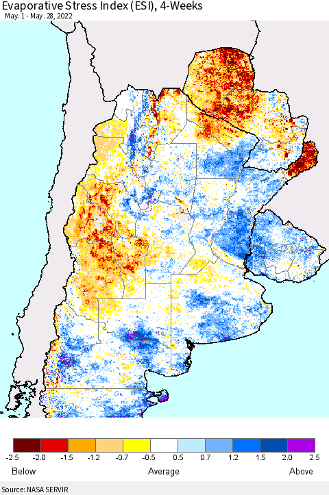 Southern South America Evaporative Stress Index (ESI), 4-Weeks Thematic Map For 5/23/2022 - 5/29/2022