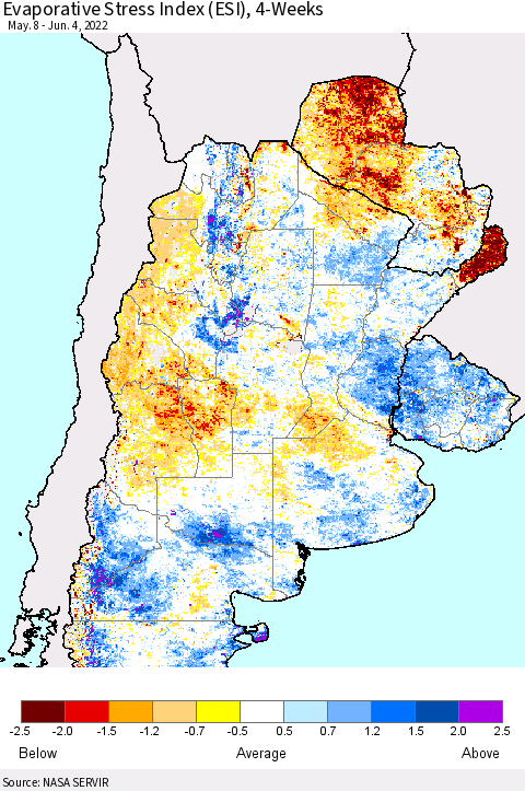 Southern South America Evaporative Stress Index (ESI), 4-Weeks Thematic Map For 5/30/2022 - 6/5/2022