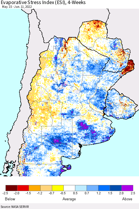 Southern South America Evaporative Stress Index (ESI), 4-Weeks Thematic Map For 6/6/2022 - 6/12/2022