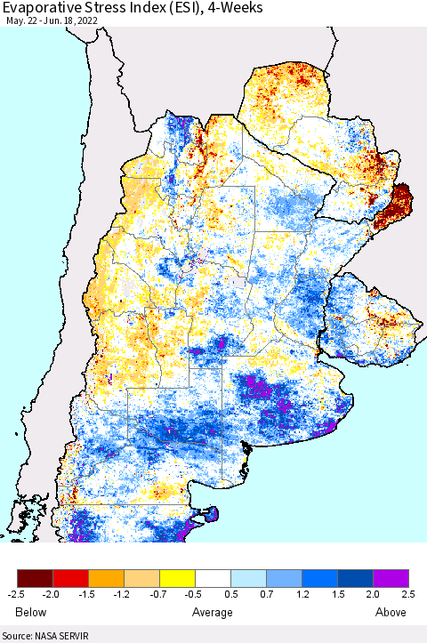 Southern South America Evaporative Stress Index (ESI), 4-Weeks Thematic Map For 6/13/2022 - 6/19/2022