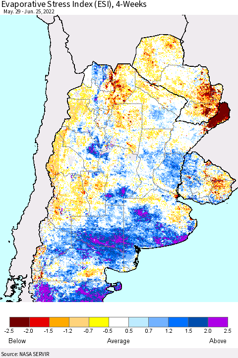 Southern South America Evaporative Stress Index (ESI), 4-Weeks Thematic Map For 6/20/2022 - 6/26/2022