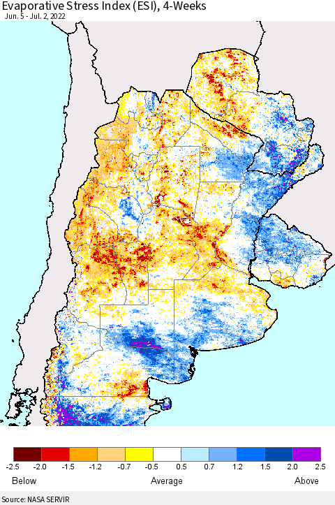 Southern South America Evaporative Stress Index (ESI), 4-Weeks Thematic Map For 6/27/2022 - 7/3/2022