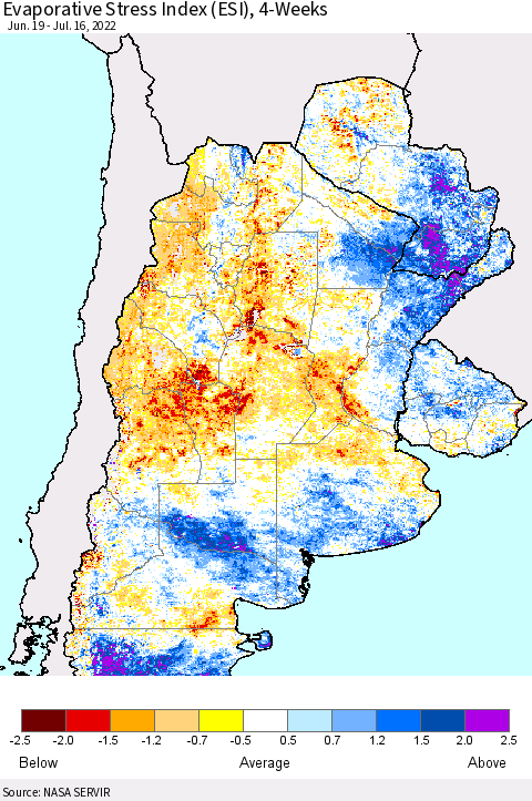 Southern South America Evaporative Stress Index (ESI), 4-Weeks Thematic Map For 7/11/2022 - 7/17/2022