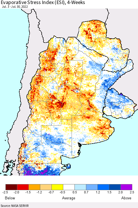 Southern South America Evaporative Stress Index (ESI), 4-Weeks Thematic Map For 7/25/2022 - 7/31/2022