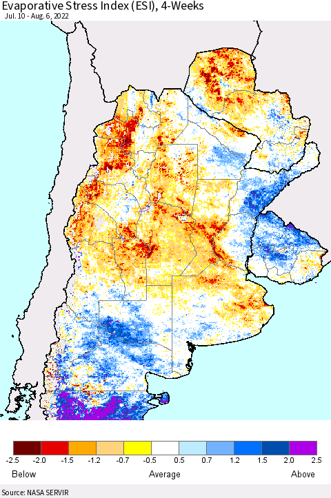 Southern South America Evaporative Stress Index (ESI), 4-Weeks Thematic Map For 8/1/2022 - 8/7/2022