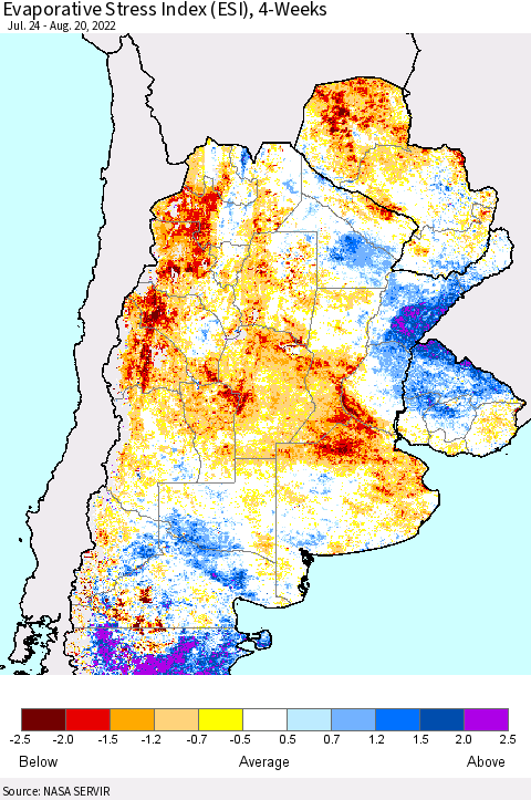 Southern South America Evaporative Stress Index (ESI), 4-Weeks Thematic Map For 8/15/2022 - 8/21/2022