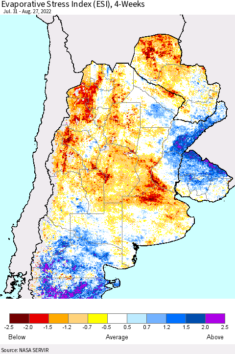 Southern South America Evaporative Stress Index (ESI), 4-Weeks Thematic Map For 8/22/2022 - 8/28/2022