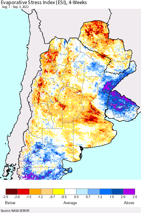Southern South America Evaporative Stress Index (ESI), 4-Weeks Thematic Map For 8/29/2022 - 9/4/2022