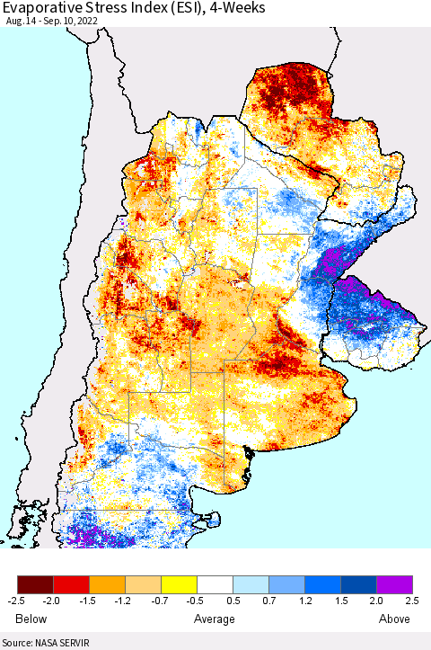Southern South America Evaporative Stress Index (ESI), 4-Weeks Thematic Map For 9/5/2022 - 9/11/2022