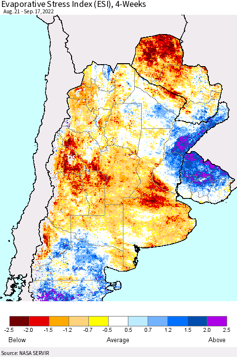 Southern South America Evaporative Stress Index (ESI), 4-Weeks Thematic Map For 9/12/2022 - 9/18/2022