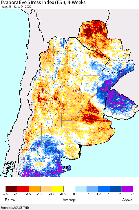Southern South America Evaporative Stress Index (ESI), 4-Weeks Thematic Map For 9/19/2022 - 9/25/2022