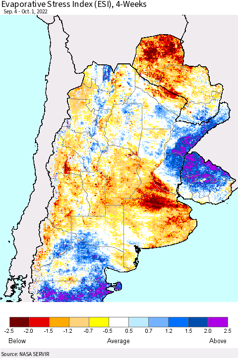 Southern South America Evaporative Stress Index (ESI), 4-Weeks Thematic Map For 9/26/2022 - 10/2/2022