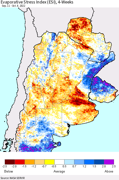 Southern South America Evaporative Stress Index (ESI), 4-Weeks Thematic Map For 10/3/2022 - 10/9/2022