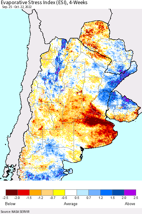 Southern South America Evaporative Stress Index (ESI), 4-Weeks Thematic Map For 10/17/2022 - 10/23/2022