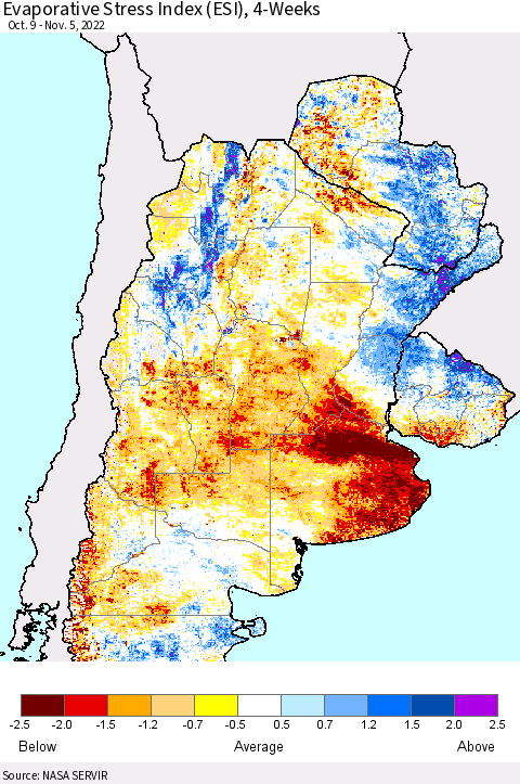 Southern South America Evaporative Stress Index (ESI), 4-Weeks Thematic Map For 10/31/2022 - 11/6/2022
