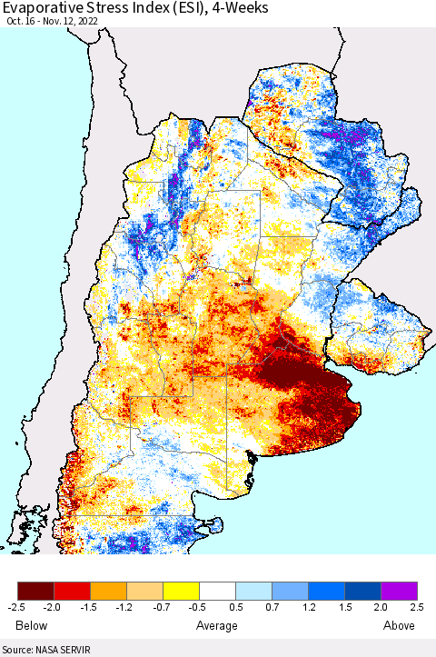 Southern South America Evaporative Stress Index (ESI), 4-Weeks Thematic Map For 11/7/2022 - 11/13/2022