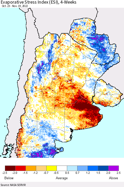 Southern South America Evaporative Stress Index (ESI), 4-Weeks Thematic Map For 11/14/2022 - 11/20/2022