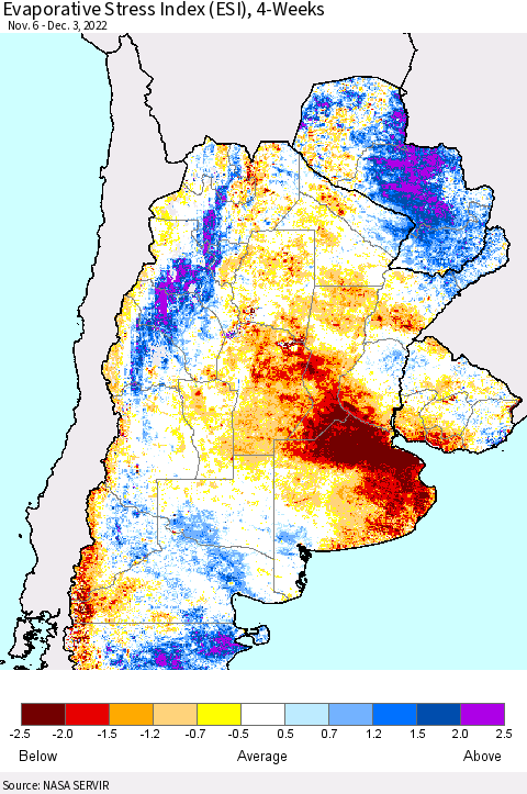Southern South America Evaporative Stress Index (ESI), 4-Weeks Thematic Map For 11/28/2022 - 12/4/2022