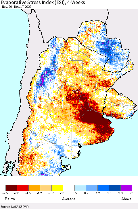 Southern South America Evaporative Stress Index (ESI), 4-Weeks Thematic Map For 12/12/2022 - 12/18/2022