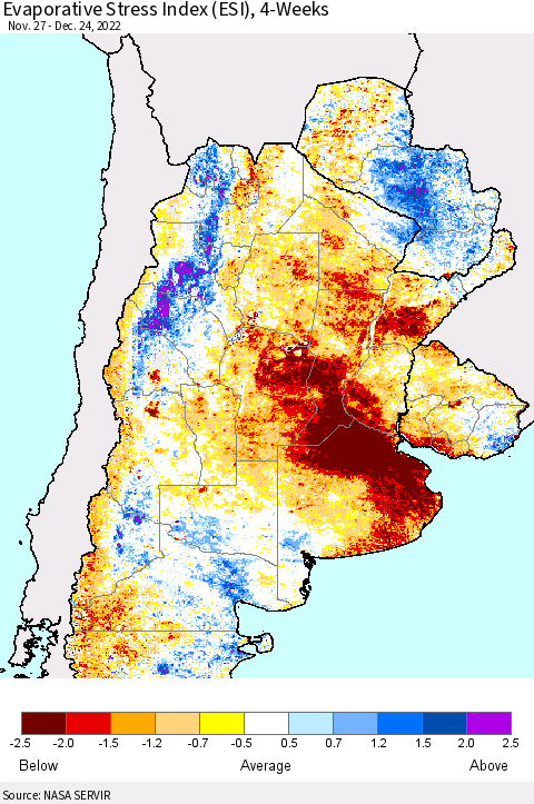 Southern South America Evaporative Stress Index (ESI), 4-Weeks Thematic Map For 12/19/2022 - 12/25/2022
