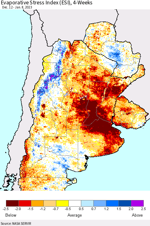 Southern South America Evaporative Stress Index (ESI), 4-Weeks Thematic Map For 1/2/2023 - 1/8/2023
