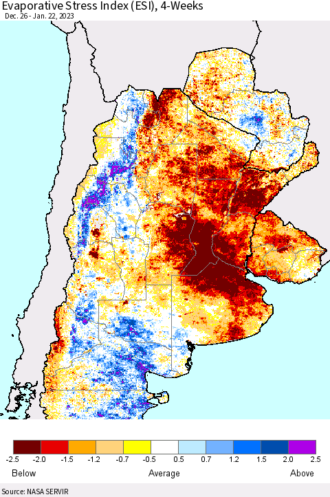 Southern South America Evaporative Stress Index (ESI), 4-Weeks Thematic Map For 1/16/2023 - 1/22/2023