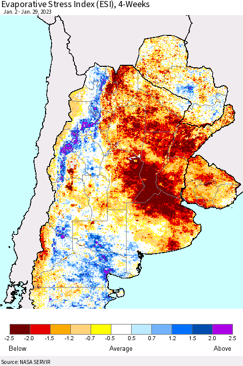 Southern South America Evaporative Stress Index (ESI), 4-Weeks Thematic Map For 1/23/2023 - 1/29/2023