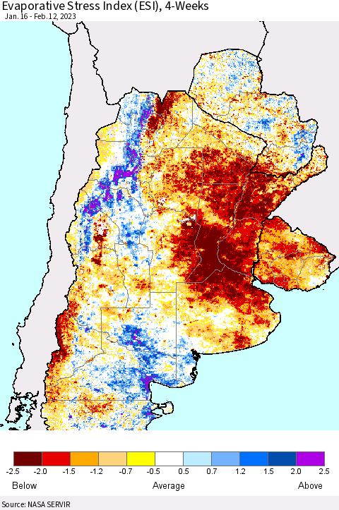 Southern South America Evaporative Stress Index (ESI), 4-Weeks Thematic Map For 2/6/2023 - 2/12/2023