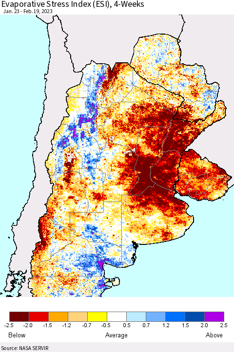 Southern South America Evaporative Stress Index (ESI), 4-Weeks Thematic Map For 2/13/2023 - 2/19/2023