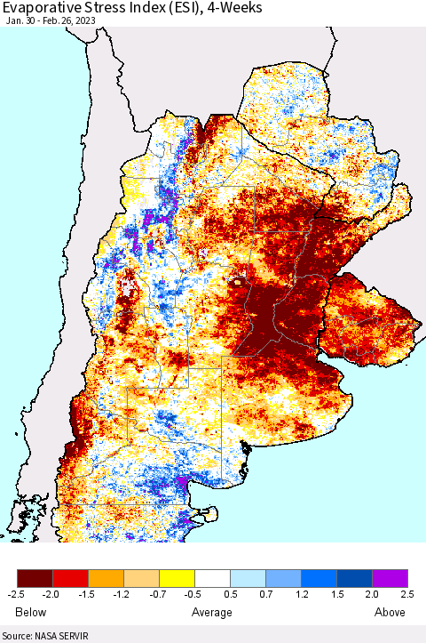 Southern South America Evaporative Stress Index (ESI), 4-Weeks Thematic Map For 2/20/2023 - 2/26/2023