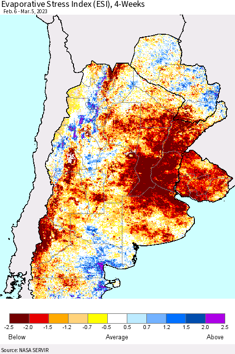 Southern South America Evaporative Stress Index (ESI), 4-Weeks Thematic Map For 2/27/2023 - 3/5/2023