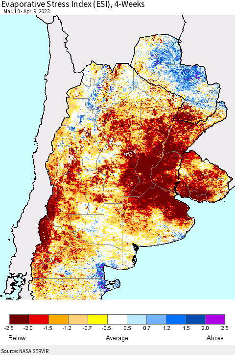 Southern South America Evaporative Stress Index (ESI), 4-Weeks Thematic Map For 4/3/2023 - 4/9/2023