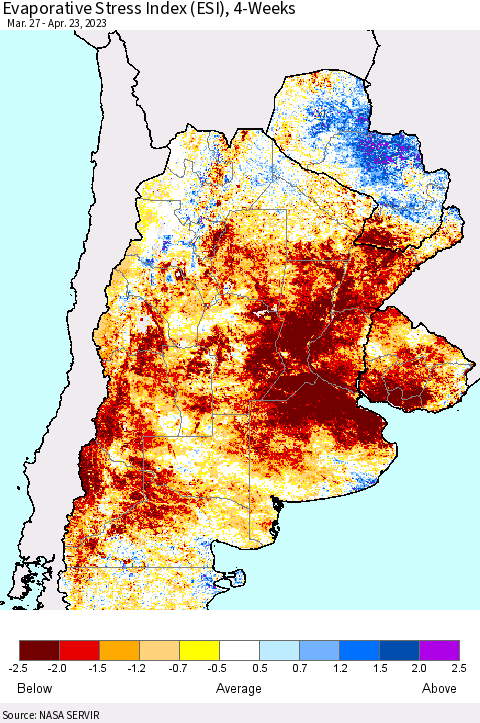 Southern South America Evaporative Stress Index (ESI), 4-Weeks Thematic Map For 4/17/2023 - 4/23/2023