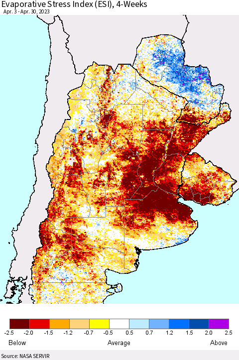 Southern South America Evaporative Stress Index (ESI), 4-Weeks Thematic Map For 4/24/2023 - 4/30/2023