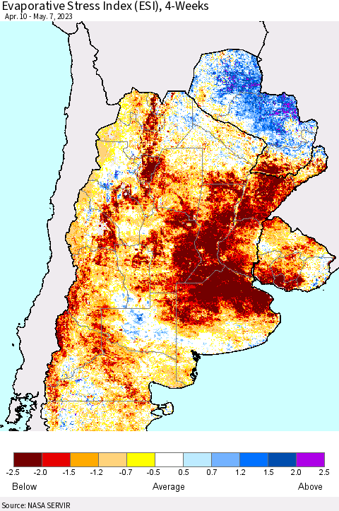 Southern South America Evaporative Stress Index (ESI), 4-Weeks Thematic Map For 5/1/2023 - 5/7/2023