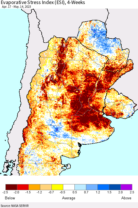 Southern South America Evaporative Stress Index (ESI), 4-Weeks Thematic Map For 5/8/2023 - 5/14/2023