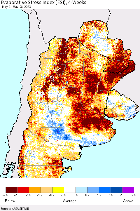Southern South America Evaporative Stress Index (ESI), 4-Weeks Thematic Map For 5/22/2023 - 5/28/2023