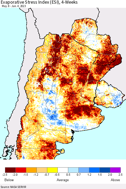 Southern South America Evaporative Stress Index (ESI), 4-Weeks Thematic Map For 5/29/2023 - 6/4/2023
