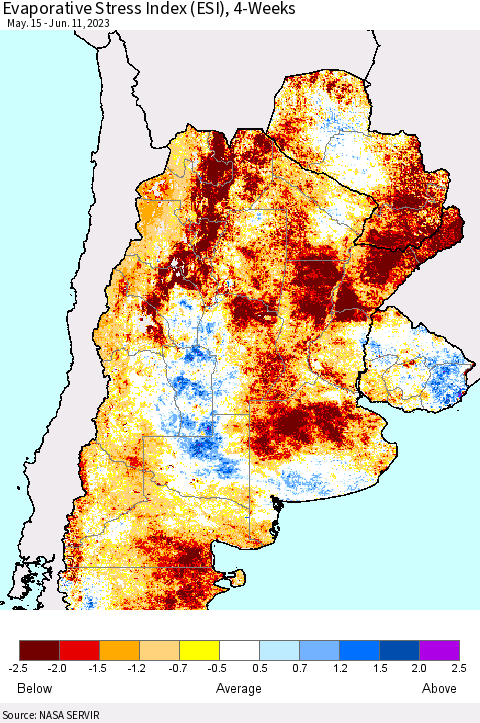 Southern South America Evaporative Stress Index (ESI), 4-Weeks Thematic Map For 6/5/2023 - 6/11/2023