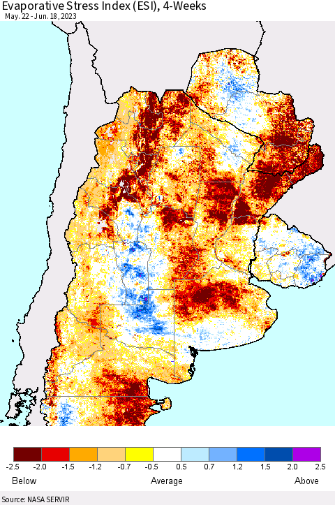 Southern South America Evaporative Stress Index (ESI), 4-Weeks Thematic Map For 6/12/2023 - 6/18/2023