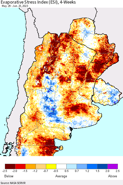 Southern South America Evaporative Stress Index (ESI), 4-Weeks Thematic Map For 6/19/2023 - 6/25/2023