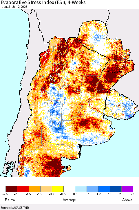 Southern South America Evaporative Stress Index (ESI), 4-Weeks Thematic Map For 6/26/2023 - 7/2/2023
