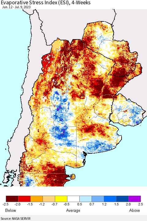 Southern South America Evaporative Stress Index (ESI), 4-Weeks Thematic Map For 7/3/2023 - 7/9/2023
