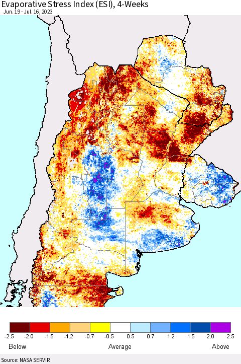 Southern South America Evaporative Stress Index (ESI), 4-Weeks Thematic Map For 7/10/2023 - 7/16/2023